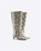 River Island Womens Knee High Boots Beige Snake Print Kitten Heel Casual Shoes