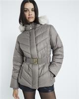 River Island Womens Padded Jacket Beige Slim Hooded Buttons Outerwear Top - 6 Regular