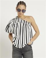 River Island Womens Top Black Linen Blend Stripe One Shoulder Asymmetric Blouse - 8 Regular