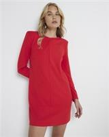 River Island Womens Mini Shift Dress Red Shoulder Pad Crew Neck Long Sleeve - 8 Regular