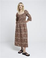 River Island Womens Midi Smock Dress Brown Leopard Print Shirred Square Neck - 12 Regular