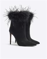 River Island Womens Heeled Boots Black Suedette Faux Feather Cuff Casual Shoes