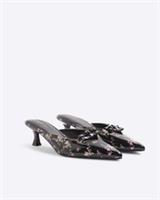 River Island Womens Mules Black Patent Floral Bow Kitten Heel Flat Shoes
