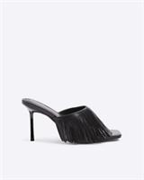River Island Womens Mule Sandals Black Fringed Heeled Peep toe Summer Shoes