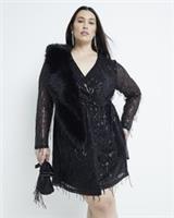 River Island Womens Mini Wrap Dress Plus Black Sequin Fringe Long Sleeve - 20 Plus