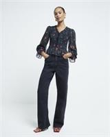 River Island Womens Top Black Floral Printed Shirred V-Neck Long Sleeve Blouse - 16 Regular