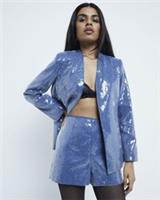 River Island Womens Shorts Petite Blue Sequin Fabric High Waisted Bottoms - 12 Petites