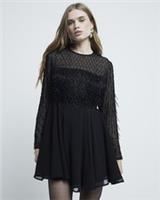 River Island Womens Mini Dress Black Premium Embellished Fringed Long Sleeve - 12 Regular