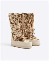 River Island Womens Ski Boots Beige Leather High Leg Cow Print Casual Shoes