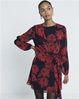 River Island Womens Mini Dress Red Floral Tie Front Round Neck Long Sleeve - 6 Regular