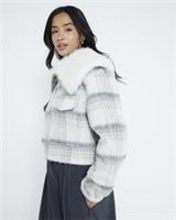 River Island Womens Crop Jacket Petite Grey Check Faux Fur Collar Outerwear Top - 6 Petites