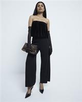 River Island Womens Jumpsuit Petite Black Velvet Bubble Bandeau Neck Outfit - 6 Petites