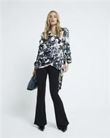 River Island Womens Blouse Black Long Sleeve Printed Wrap Long Sleeve Top - 12 Regular