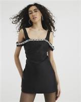 River Island Womens Mini Dress Black Diamante Bardot Sleeveless Low Back - 12 Regular