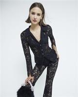 River Island Womens Shirt Black Lace Fabric Long Sleeve Collared V-Neck Top - 8 Regular