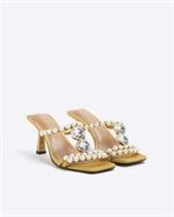 River Island Womens Heeled Sandals Yellow Pearl Diamante Open Toe Summer Shoes