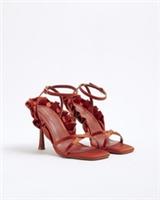 River Island Womens Heeled Sandals Red Satin Ruffle Open Toe Summer Shoes