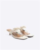 River Island Womens Heeled Sandals Cream Snaffle Detail Toe Thong Kitten Shoes