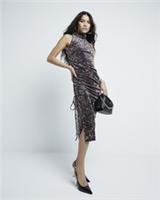 River Island Womens Midi Dress Brown Velvet Leopard Ruched High Neck Sleeveless - 8 Regular