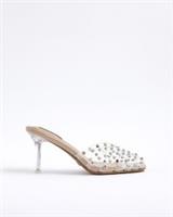 River Island Womens Mule Heeled Sandals Pink Caged Perspex Diamante Summer Shoes