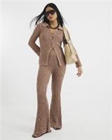 River Island Womens Polo Petite Brown Button Up Knitted Collared Long Sleeve Top - S Petites