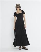 River Island Womens Midi Dress Black Short Puff Sleeve Square Neck Zip Tie Back - 8 Regular