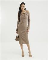 River Island Womens Midi Dress Beige Tie Front Square Neck Long Sleeve - S Regular