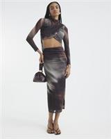 River Island Womens Crop Top And Skirt Set Brown Long Sleeve Mesh 2 Piece Outfit - L Regular