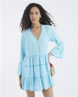 River Island Womens Mini Beach Dress Blue Broderie Detail Long Sleeve V-Neck - S Regular