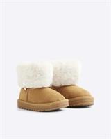River Island Mini Girls Boots Beige Suedette Slip On Gold Ri Hardware Shoes