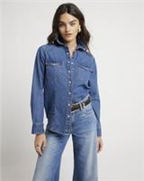 River Island Womens Western Shirt Blue Denim Collared Long Sleeve Popper Top - 6 Regular