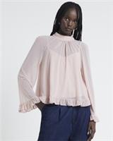 River Island Womens Blouse Pink Chiffon Mesh Frill High Neck Long Sleeve Top - 10 Regular