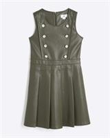 River Island Girls Pleated Skirt Dress Khaki Faux Leather Pleated Sleeveless Zip - 8 Years Regular