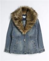 River Island Girls Jacket Denim Faux Fur Collared Buttons Outerwear Top - 7-8 Years Regular