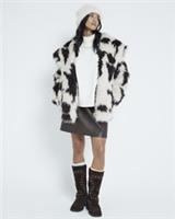 River Island Womens Coat Petite Cream Cow Faux Shawl Fur Collared Outerwear Top - S Petites