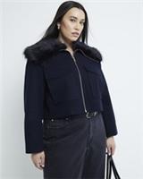 River Island Womens Crop Jacket Plus Navy Faux Fur Collar Zip Outerwear Top - 26 Plus