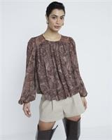 River Island Womens Blouse Brown Chiffon Paisley Bubble Hem Long Sleeve Top - 12 Regular