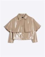 River Island Girls Cape Jacket Beige Faux Leather Collared Outerwear Top - 7-8 Years Regular
