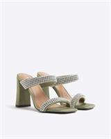River Island Womens Heeled Sandals Green Satin Diamante Strap Summer Shoes
