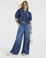 River Island Womens Top Blue Denim Short Puff Sleeve Tie Front Denim Blouse - 8 Regular