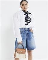 River Island Womens Bermuda Shorts Petite Blue Denim Longline Zip Button Bottoms - 14 Petites