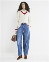 River Island Womens Jumper Cream Knitted Stripe Quarter Zip Long Sleeve Top - L Regular