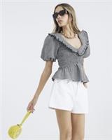 River Island Womens Top Black Gingham Short Sleeve Collared V-Neck Blouse - 12 Regular
