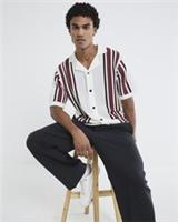 River Island Mens Shirt Cream Short Sleeve Textured Stripe Collar Button Top - M Regular