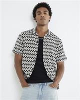 River Island Mens Shirt Black Short Sleeve Mono Diamond Crochet Button Top - 2XL Regular