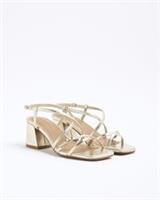 River Island Womens Heeled Sandals Gold Strappy Block Open Toe Backless Shoes