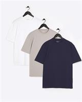 River Island Mens T-Shirt 3 Pack Navy Regular Fit Plain Short Sleeve T Shirt Top - S Regular