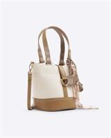 River Island Womens Bucket Bag Beige Panelled Grab Handles Scarf Tie Detail