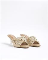 River Island Womens Heeled Mule Sandals Beige Raffia Twist Square Open Toe Shoes