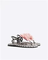 River Island Womens Thong Flat Sandals Black Gingham Flower Round Open Toe Shoes